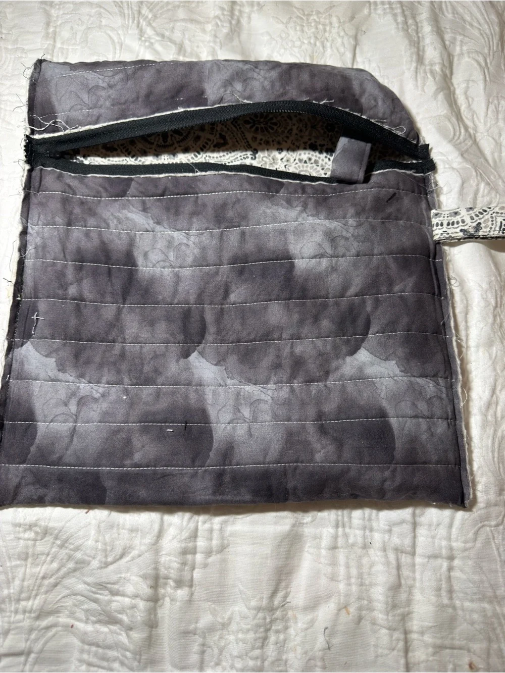 Quilted Zip Pouch in Cream and Gray Mandala Print